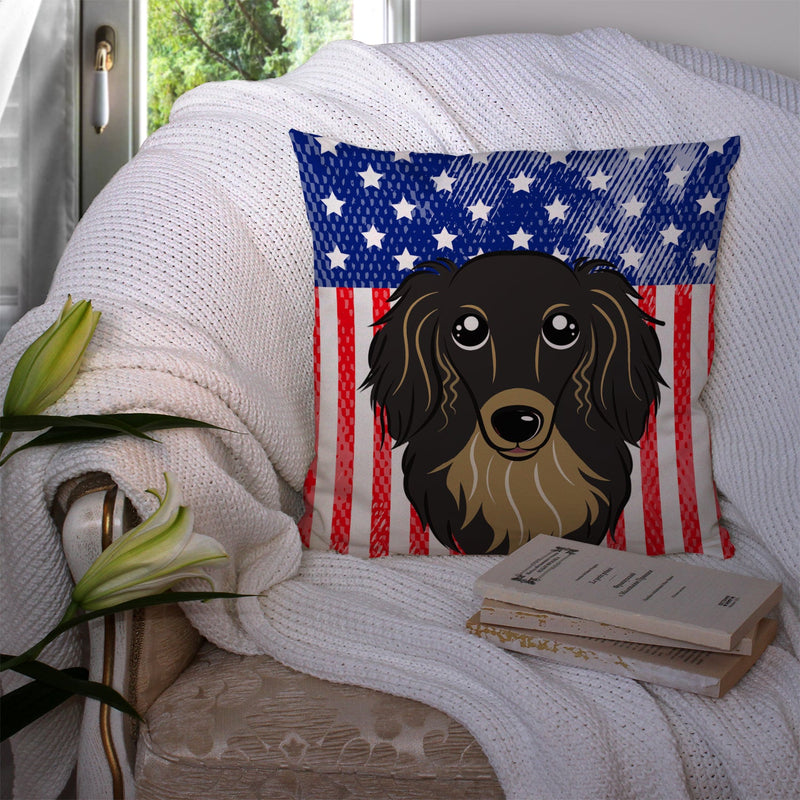 American Flag and Longhair Black and Tan Dachshund Throw Pillow - 14x14 Decorative Pillow – Art for Your Home & Patio BB2143PW1414