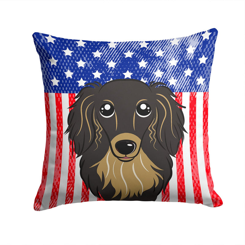 American Flag and Longhair Black and Tan Dachshund Throw Pillow - 14x14 Decorative Pillow – Art for Your Home & Patio BB2143PW1414
