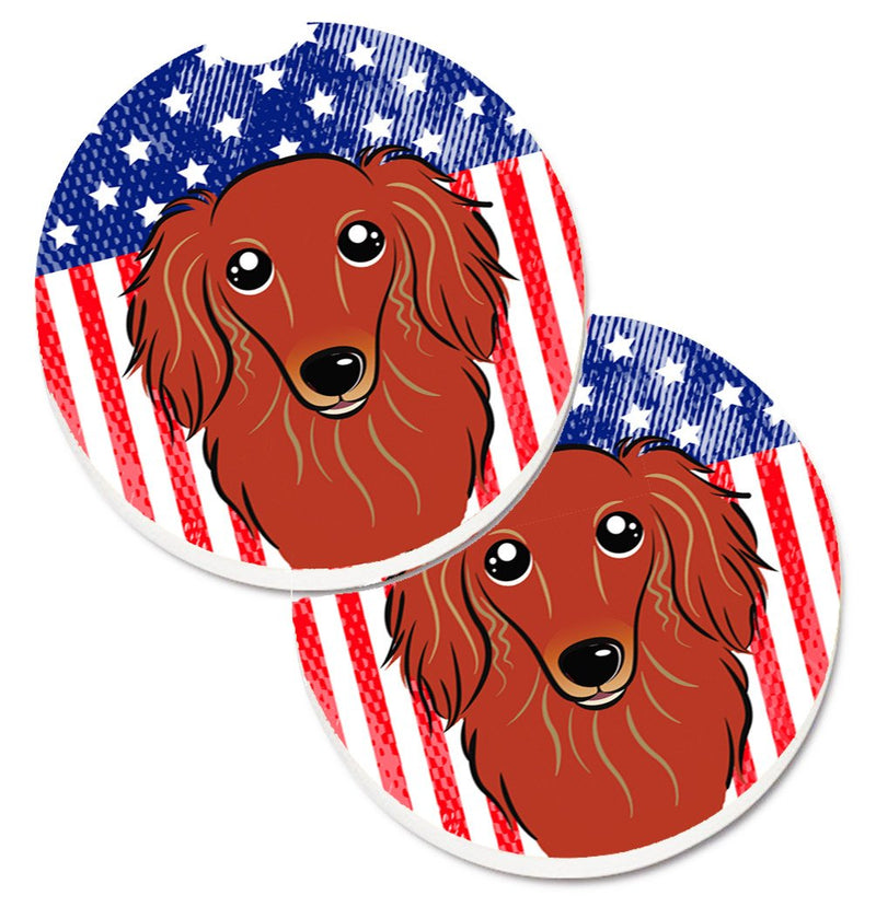 American Flag and Longhair Red Dachshund Car Coasters – Set of 2 - Absorbent Stone with Fun & Functional Artwork BB2144CARC
