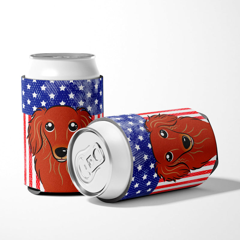 American Flag and Longhair Red Dachshund Can or Bottle Hugger BB2144CC