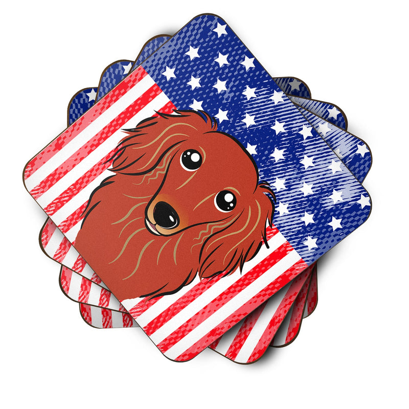 American Flag and Longhair Red Dachshund Foam Coaster BB2144FC