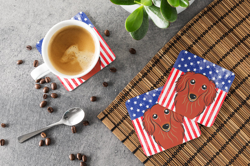 American Flag and Longhair Red Dachshund Foam Coaster BB2144FC