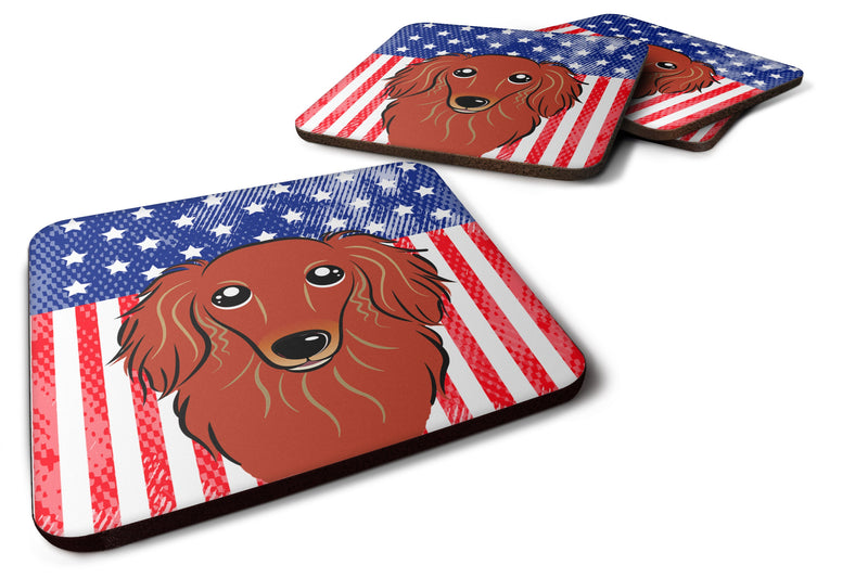 American Flag and Longhair Red Dachshund Foam Coaster BB2144FC