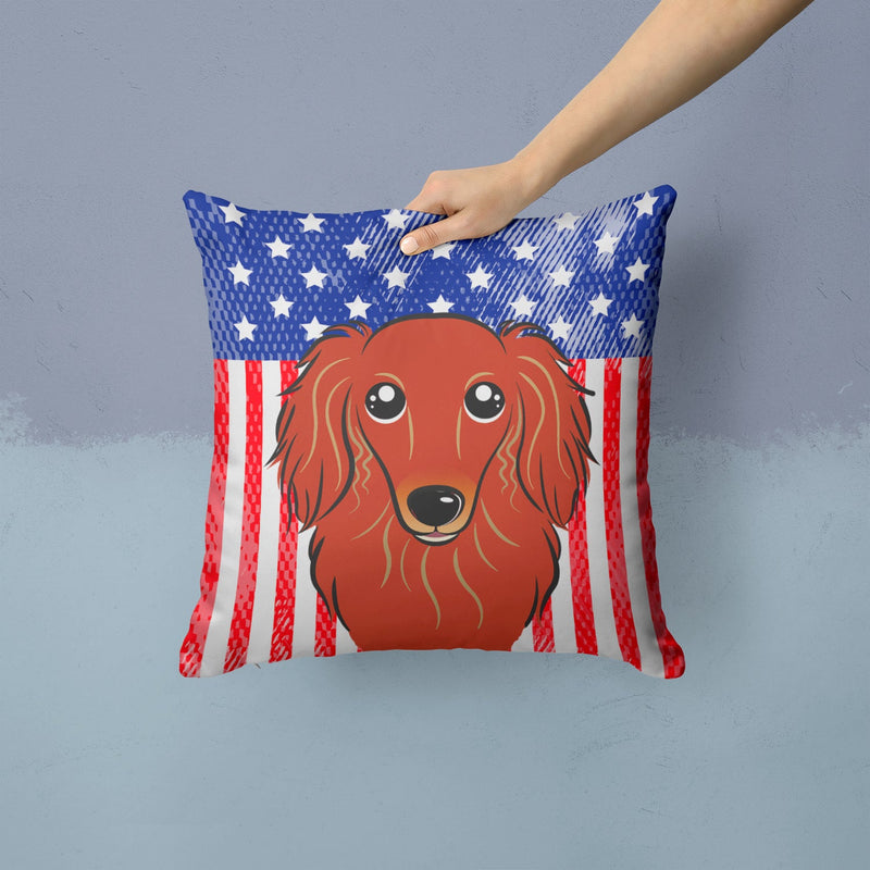 American Flag and Longhair Red Dachshund Throw Pillow - 14x14 Decorative Pillow – Art for Your Home & Patio BB2144PW1414