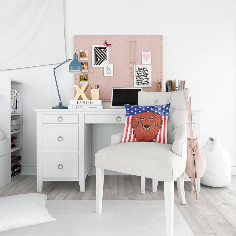 American Flag and Longhair Red Dachshund Throw Pillow - 14x14 Decorative Pillow – Art for Your Home & Patio BB2144PW1414