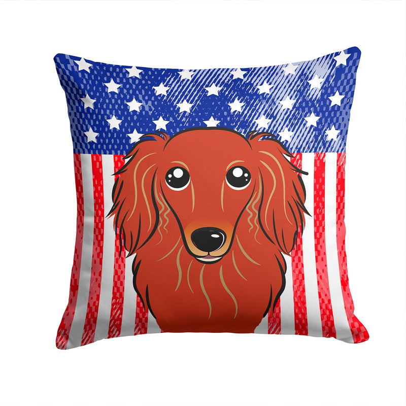 American Flag and Longhair Red Dachshund Throw Pillow - 14x14 Decorative Pillow – Art for Your Home & Patio BB2144PW1414