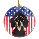 American Flag and Smooth Black and Tan Dachshund Ceramic Ornament BB2145CO1