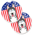 American Flag and Alaskan Malamute Car Coasters – Set of 2 - Absorbent Stone with Fun & Functional Artwork BB2148CARC