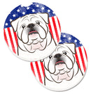 American Flag and White English Bulldog  Car Coasters – Set of 2 - Absorbent Stone with Fun & Functional Artwork BB2150CARC