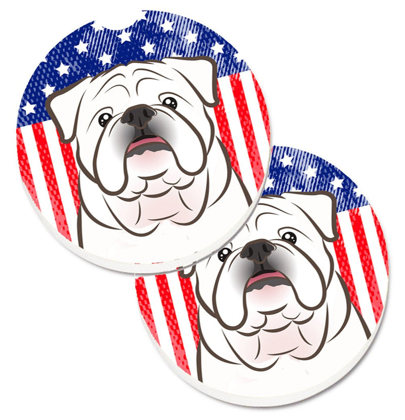 American Flag and White English Bulldog  Car Coasters – Set of 2 - Absorbent Stone with Fun & Functional Artwork BB2150CARC