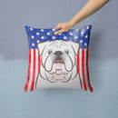 American Flag and White English Bulldog  Throw Pillow - 14x14 Decorative Pillow – Art for Your Home & Patio BB2150PW1414