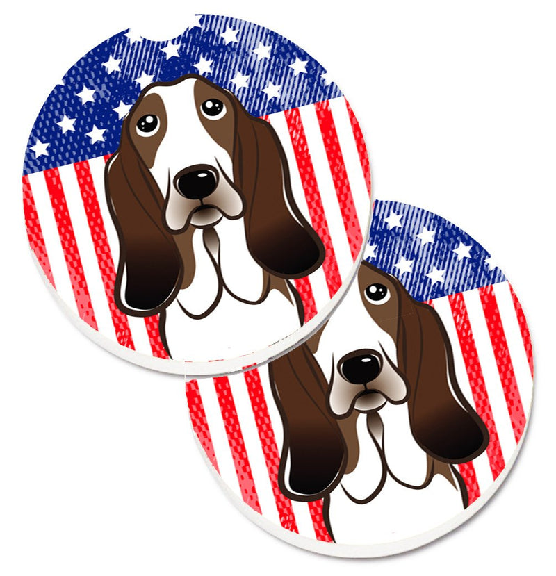 American Flag and Basset Hound Car Coasters – Set of 2 - Absorbent Stone with Fun & Functional Artwork BB2173CARC