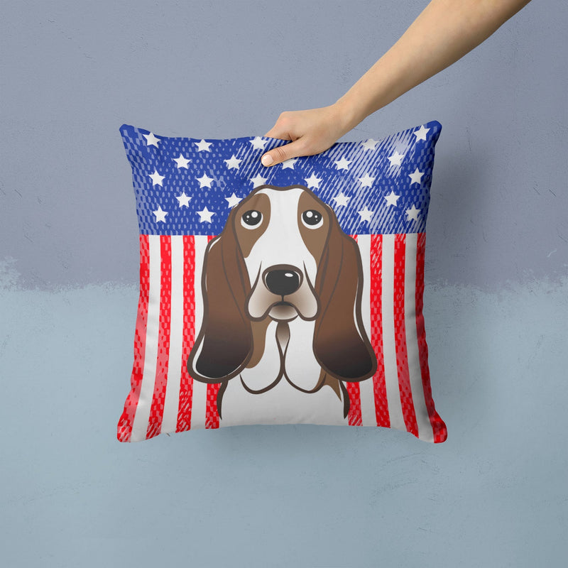American Flag and Basset Hound Throw Pillow - 14x14 Decorative Pillow – Art for Your Home & Patio BB2173PW1414