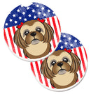 American Flag and Chocolate Brown Shih Tzu Car Coasters – Set of 2 - Absorbent Stone with Fun & Functional Artwork BB2179CARC