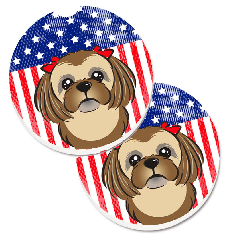 American Flag and Chocolate Brown Shih Tzu Car Coasters – Set of 2 - Absorbent Stone with Fun & Functional Artwork BB2179CARC