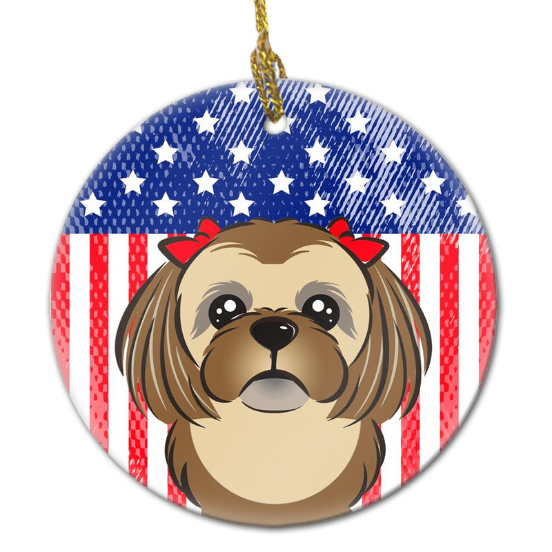 American Flag and Chocolate Brown Shih Tzu Ceramic Ornament BB2179CO1