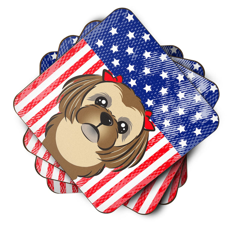 American Flag and Chocolate Brown Shih Tzu Foam Coaster