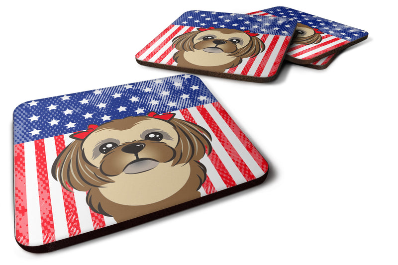 American Flag and Chocolate Brown Shih Tzu Foam Coaster