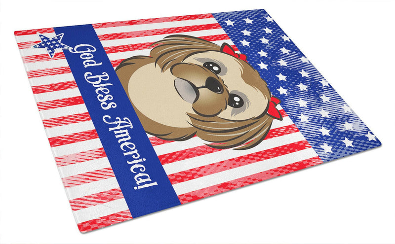 God Bless American Flag with Chocolate Brown Shih Tzu Glass Cutting Board Large BB2179LCB