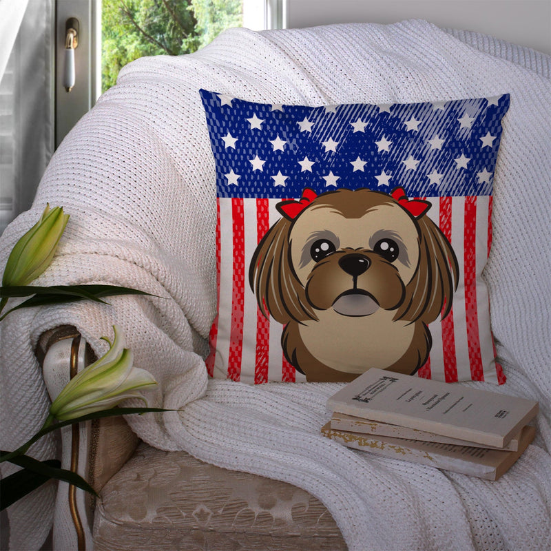 American Flag and Chocolate Brown Shih Tzu Throw Pillow - 14x14 Decorative Pillow – Art for Your Home & Patio BB2179PW1414