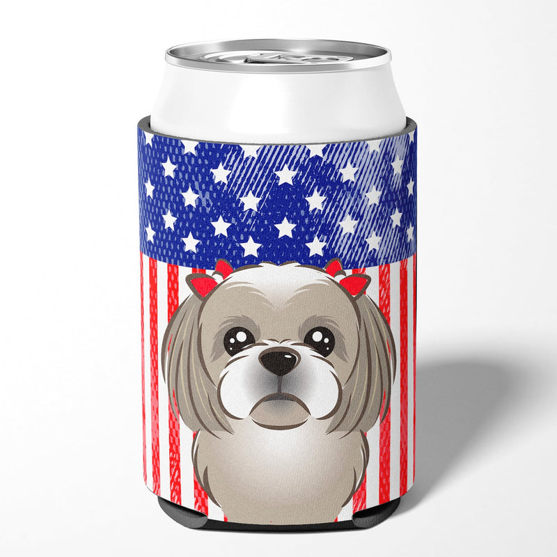 American Flag and Gray Silver Shih Tzu Can or Bottle Hugger BB2180CC