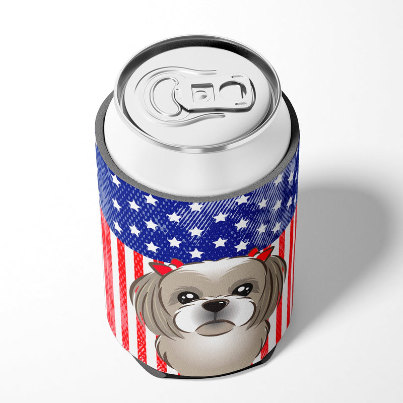 American Flag and Gray Silver Shih Tzu Can or Bottle Hugger BB2180CC
