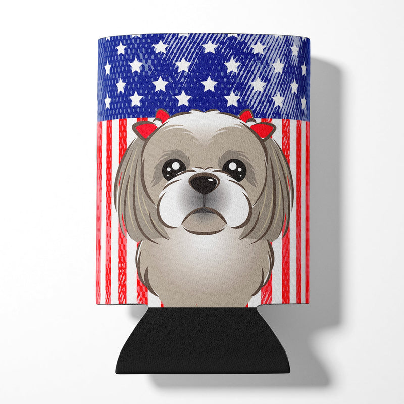 American Flag and Gray Silver Shih Tzu Can or Bottle Hugger BB2180CC