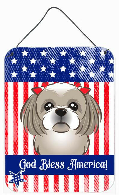 God Bless American Flag with Gray Silver Shih Tzu Wall or Door Hanging Prints BB2180DS1216