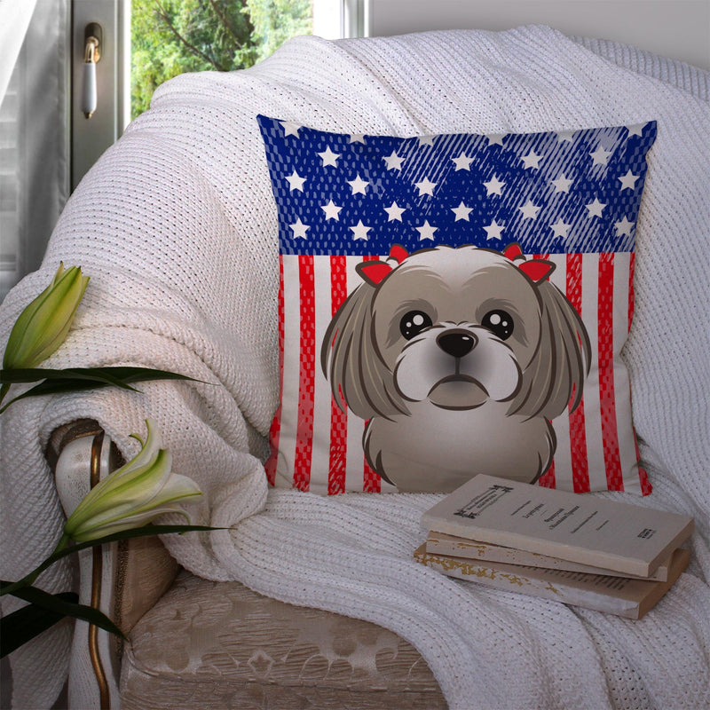 American Flag and Gray Silver Shih Tzu Throw Pillow - 14x14 Decorative Pillow – Art for Your Home & Patio BB2180PW1414