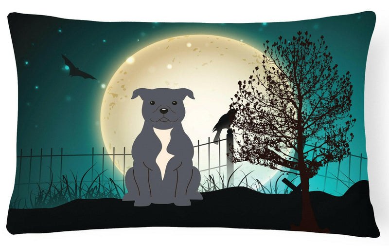 Halloween Scary Staffordshire Bull Terrier Blue Canvas Fabric Decorative Pillow BB2236PW1216