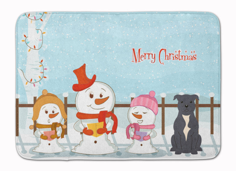 Merry Christmas Carolers Staffordshire Bull Terrier Blue Machine Washable Memory Foam Mat BB2377RUG