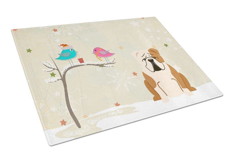 Christmas English Bulldog Fawn White Glass Cutting Board Large BB2597LCB