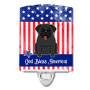 Patriotic USA Pug Black Ceramic Night Light Compact, UL-Certified, Ideal for Bedroom, Bathroom, Nursery, Hallway, Kitchen, 6x4x3, Multicolor