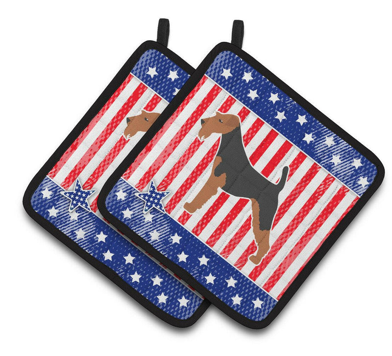 USA Patriotic Airedale Terrier Pair of Pot Holders BB3357PTHD