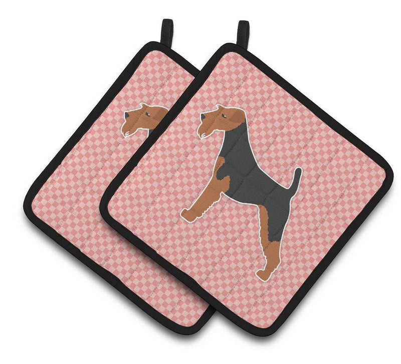 Welsh Terrier Checkerboard Pink Pair of Pot Holders BB3585PTHD