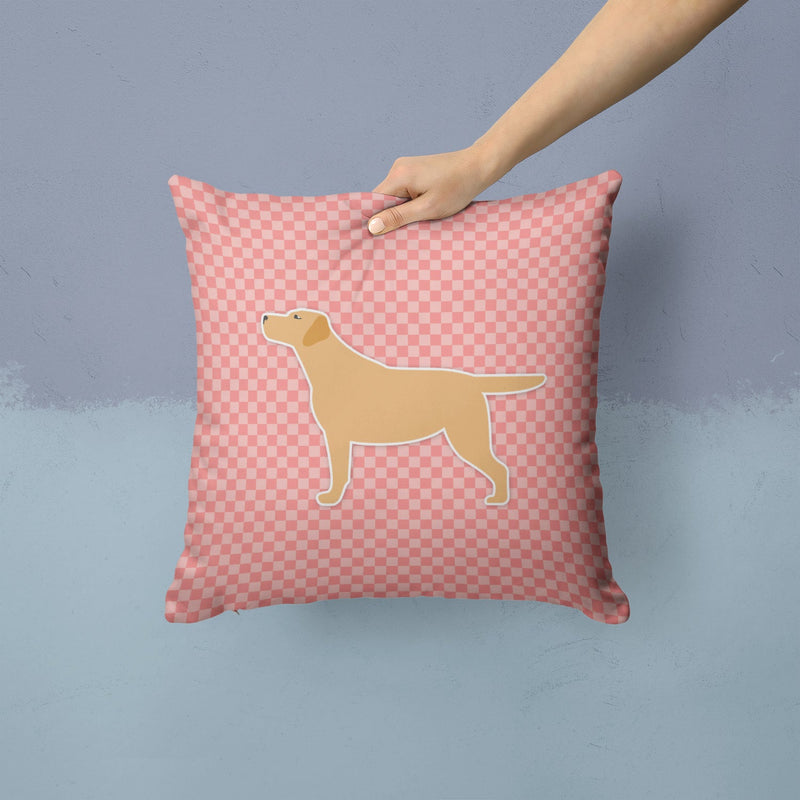 Yellow Labrador Retriever Checkerboard Pink Fabric Decorative Pillow BB3597PW1414