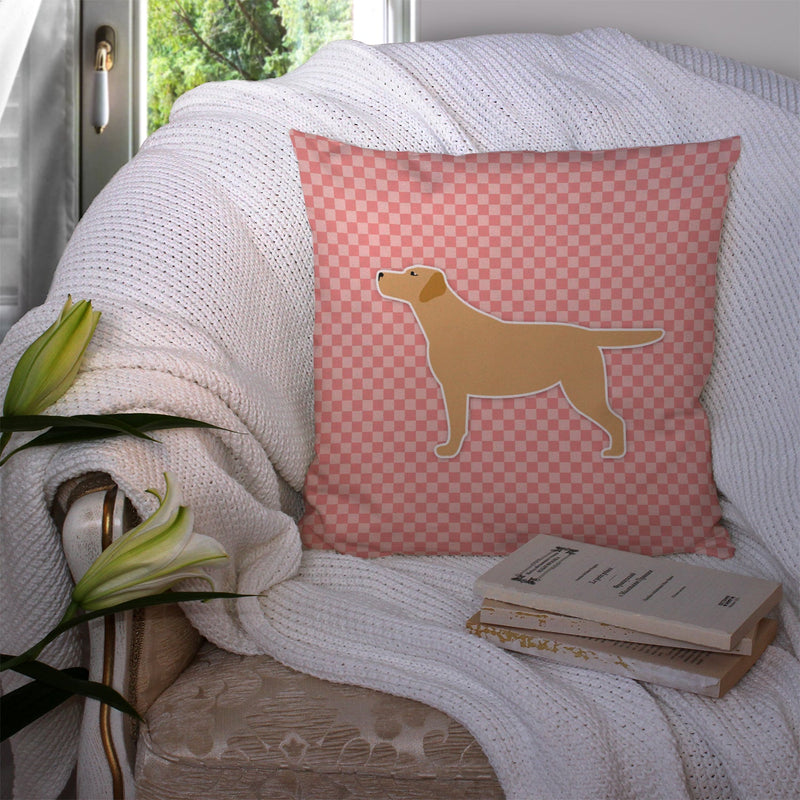 Yellow Labrador Retriever Checkerboard Pink Fabric Decorative Pillow BB3597PW1414