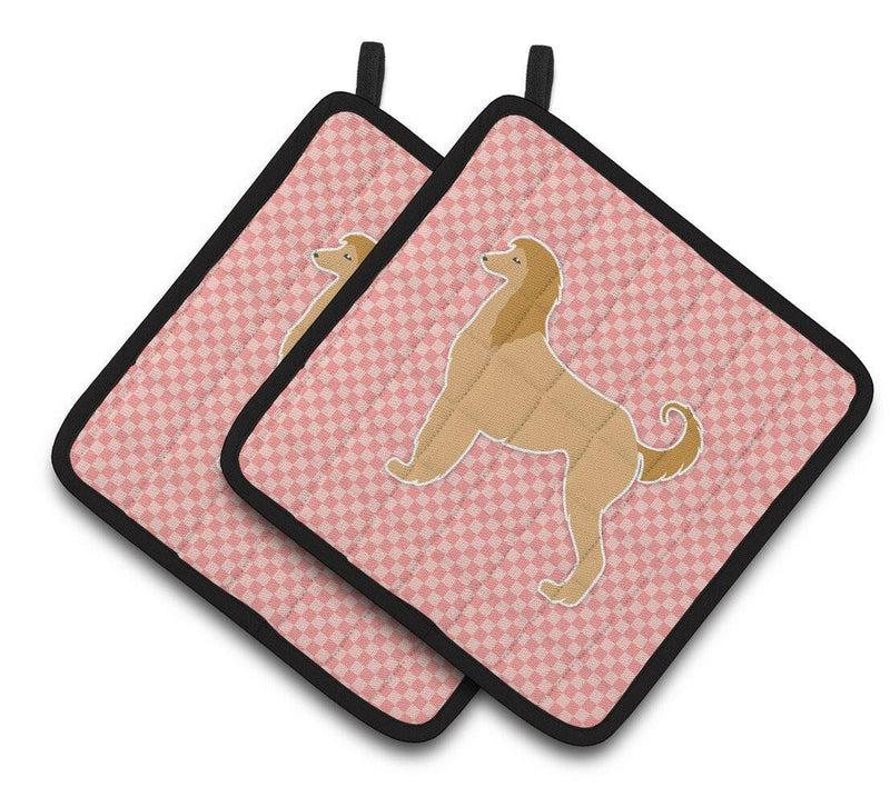 Afghan Hound Checkerboard Pink Pair of Pot Holders BB3606PTHD