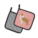 Red Border Collie Checkerboard Pink Pot Holder Set of 2 Heat Resistant Quilted Hot Pads 7.5 x 7.5 Inch, Insulated Kitchen Trivets for Cooking & Baking