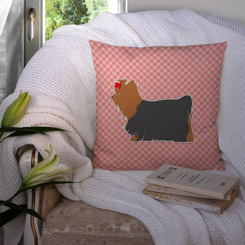 Yorkshire Terrier Yorkie Checkerboard Pink Fabric Decorative Pillow BB3634PW1414