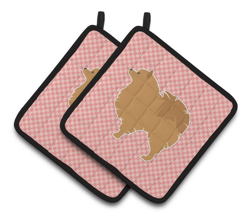 Pomeranian Checkerboard Pink Pair of Pot Holders BB3642PTHD