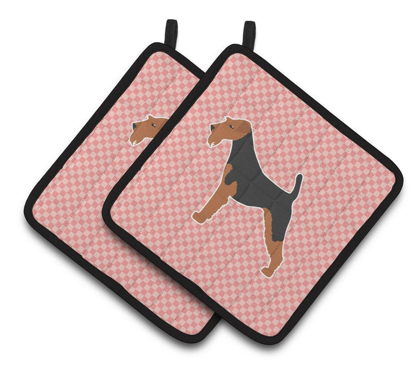 Airedale Terrier Checkerboard Pink Pair of Pot Holders BB3657PTHD