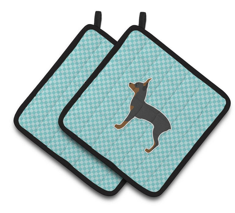 Toy Fox Terrier  Checkerboard Blue Pair of Pot Holders BB3687PTHD