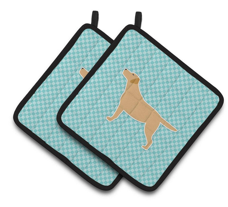 Yellow Labrador Retriever  Checkerboard Blue Pair of Pot Holders BB3697PTHD