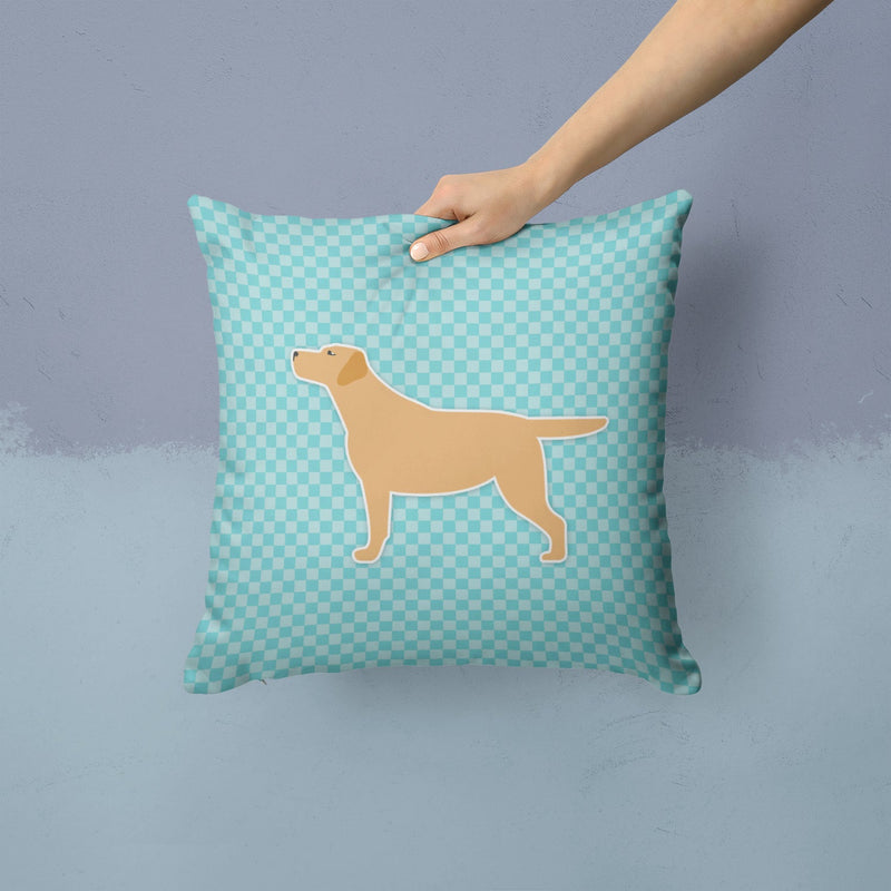 Yellow Labrador Retriever  Checkerboard Blue Fabric Decorative Pillow BB3697PW1414