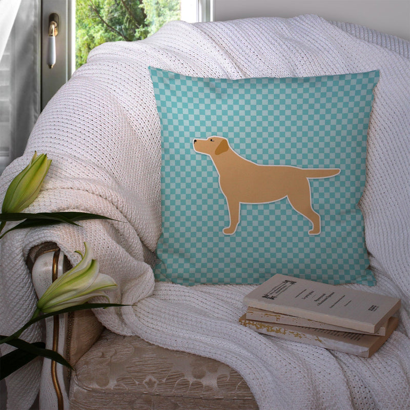 Yellow Labrador Retriever  Checkerboard Blue Fabric Decorative Pillow BB3697PW1414