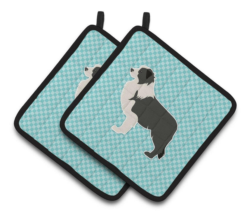 Black Border Collie Checkerboard Blue Pair of Pot Holders BB3723PTHD