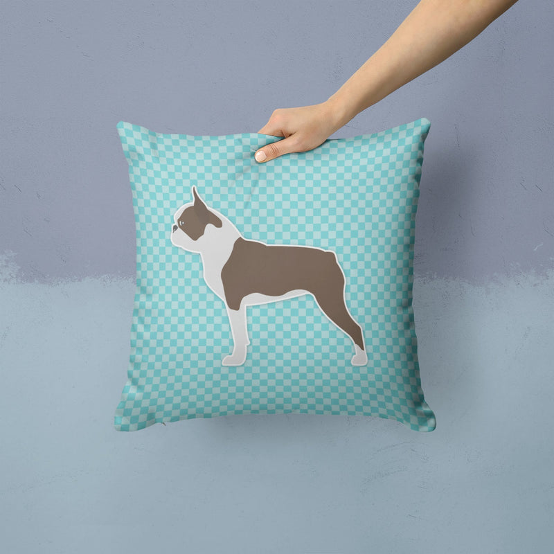 Boston Terrier Checkerboard Blue Fabric Decorative Pillow BB3744PW1414