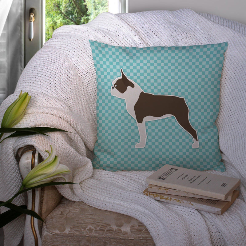 Boston Terrier Checkerboard Blue Fabric Decorative Pillow BB3744PW1414