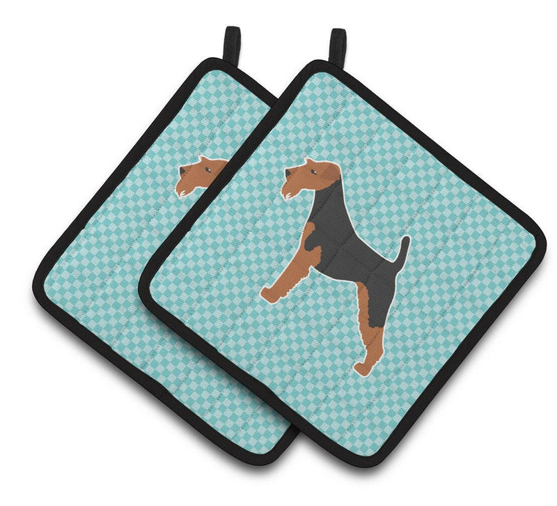 Airedale Terrier Checkerboard Blue Pair of Pot Holders BB3757PTHD